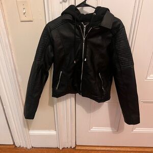 Black Faux Leather Jacket with Hoodie